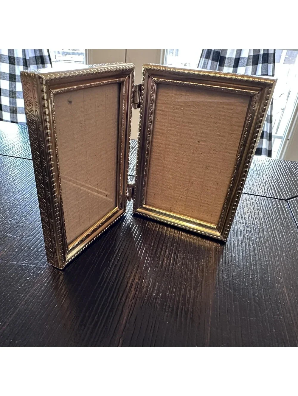 Vintage MCM Gold Tone Double Hinged Folding Picture Frame Ornate Display EUC